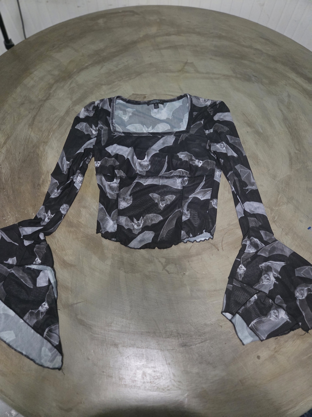 Dolls Kill Black Bat Mesh Long-Sleeve Crop Top